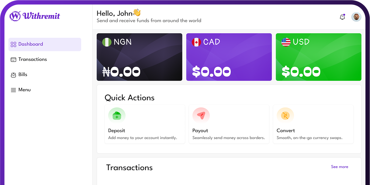Withremit App Dashboard
